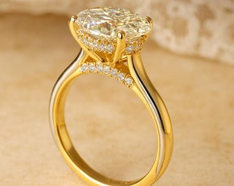 Förlovningsring med Moissanit med dold halo, oval solitaire, oval moissanitring, 14k, 1,5 mm tunn ring och 0,11 ct diamantring med dold halo. Ge henne en gåva.