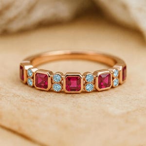 Ruby Aquamarine Ring, Rose Gold Plated Square Gemstone Band, July March Birthstone Bezel Stacking Ring Gift