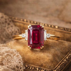 May include: A gold ring with a large, rectangular, deep red gemstone as the focal point. Two smaller, rectangular, clear gemstones flank the main stone. The ring is set in a vintage-style, ornate box.