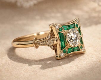 Anel Art Déco com Esmeralda e Moissanita, Pedra de Nascimento de Maio, Anel de Noivado Geométrico Vintage, Halo Quadrado, Anel com Pedra Verde em Estilo Antigo