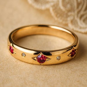 May include: A gold ring with a series of red gemstones and small diamonds. The ring features a repeating pattern of red, diamond-shaped stones, and small, round diamonds. The ring is set against a neutral background.