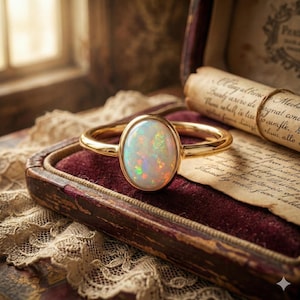 May include: A gold ring with an oval opal gemstone. The opal displays a play of color with flashes of green, orange, and blue. The ring is set against a burgundy velvet background inside a vintage jewelry box.