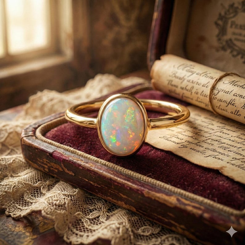 May include: A gold ring with an oval opal gemstone. The opal displays a play of color with flashes of green, orange, and blue. The ring is set against a burgundy velvet background inside a vintage jewelry box.