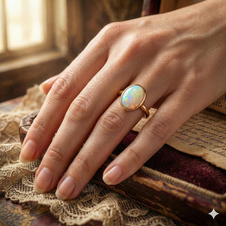 May include: A gold ring featuring an oval opal gemstone. The opal displays a play of color with iridescent hues. The ring is set in a simple gold band. The hand is resting on a vintage-style surface.