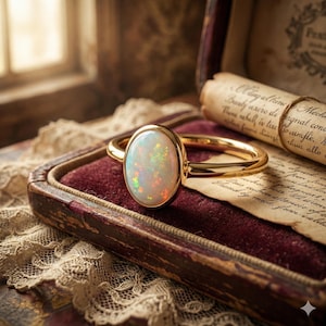 May include: A gold ring with an oval opal gemstone. The opal displays a play of color with flashes of green, orange, and yellow. The ring is set against a burgundy velvet background.