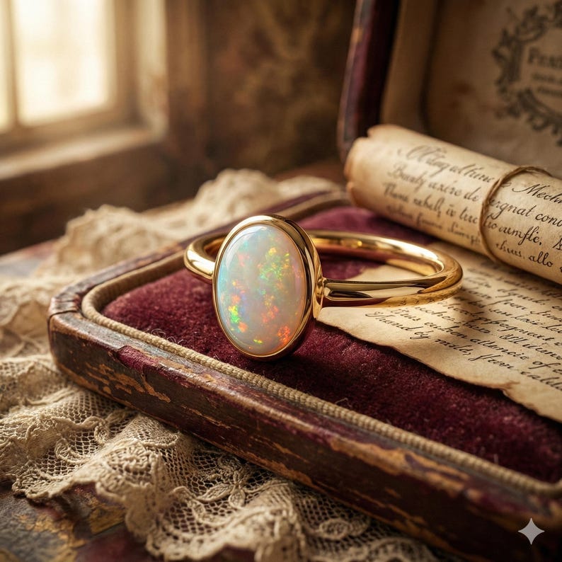 May include: A gold ring with an oval opal gemstone. The opal displays a play of color with flashes of green, orange, and yellow. The ring is set against a burgundy velvet background.