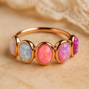 May include: A rose gold ring with five oval opals in pink, purple, and white. The opals are set in individual bezels, forming a continuous band of colour. The ring is shown against a neutral background.