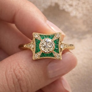 May include: A gold ring featuring a central round diamond, surrounded by emerald-colored stones and smaller diamonds. The ring has an Art Deco design with a square-shaped setting and a delicate band.