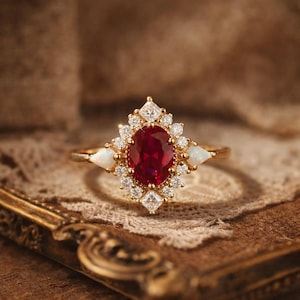 May include: A gold ring featuring a large oval-cut ruby center stone, surrounded by smaller diamonds and two pear-shaped opals. The ring has a vintage, ornate design, with a delicate band.