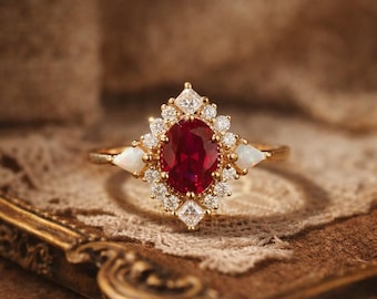 May include: A gold ring featuring a large oval-cut ruby center stone, surrounded by smaller diamonds and two pear-shaped opals. The ring has a vintage, ornate design, with a delicate band.