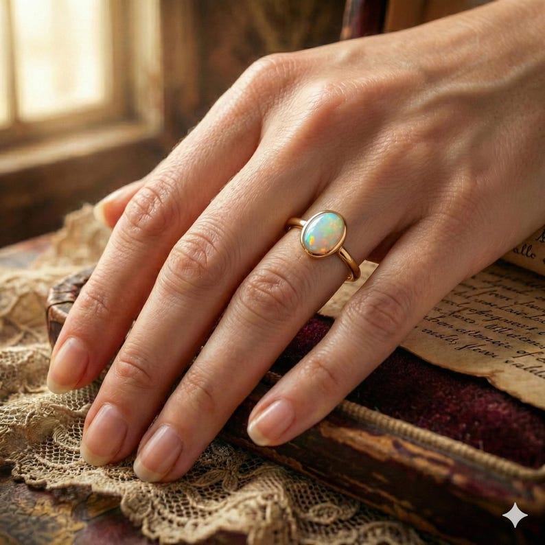 May include: A gold ring with an oval opal gemstone. The opal displays a play of color, with flashes of white, yellow, and orange. The ring is set on a delicate gold band. The ring is displayed on a hand.