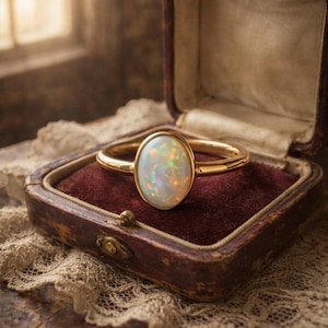 May include: A gold ring with an oval opal gemstone, displayed in a vintage maroon jewelry box. The opal has iridescent colors. The ring is set against a maroon velvet interior, with a lace-trimmed edge.