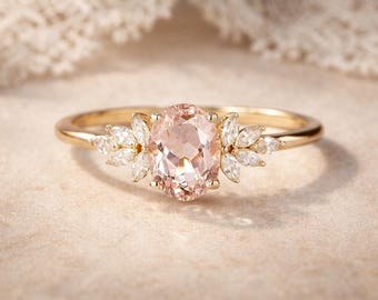 Moissanite Morganite Ring, Oval Pink Gemstone Ring, Floral Side Stone Ring, October & April Birthstone Jewelry, Gift for Her