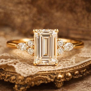 May include: A gold ring featuring an emerald-cut diamond center stone, flanked by smaller round and pear-shaped diamonds. The ring is set on a gold band, showcasing a classic and elegant design. The ring is displayed on a decorative, ornate surface.