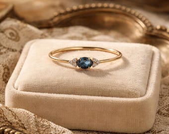 East West Oval Blue Sapphire Moissanite Gold Ring, Minimalist Sapphire And CZ Ring, Handmade Yellow Gold Ring For Women
