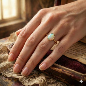 May include: A gold ring with an oval opal gemstone. The opal displays a play of color, with flashes of white, yellow, and blue. The ring is set in a simple, classic gold band. The ring is on a hand.