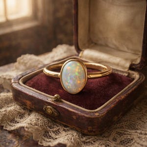 May include: A gold ring with an oval opal gemstone, displayed in a vintage maroon jewelry box. The opal has a play of color, with flashes of green, blue, and yellow. The ring's band is a simple, polished gold.