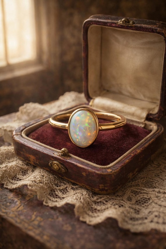 Opal Ring, Vintage Opal Engagement Ring, Oval Opal Ring in Gold, Handmade Opal Ring for Her, October Birthstone