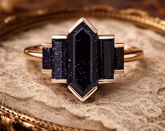 Blue Sandstone Ring Gold, Geometric Blue Stone Ring, Art Deco Style Ring, Night Sky Statement Ring, Minimal Modern Ring