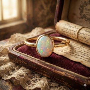 May include: A gold ring with an oval opal gemstone. The opal displays a play of color with flashes of green, orange, and blue. The ring is set against a burgundy velvet background inside a vintage jewelry box.