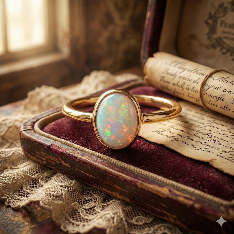 May include: A gold ring with an oval opal gemstone. The opal displays a play of color with flashes of green, orange, and blue. The ring is set against a burgundy velvet background inside a vintage jewelry box.