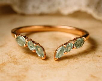 Moss Agate Open Band Ring, Marquise Moss Agate Gold Ring, Nature Inspired Minimal Adjustable Ring, Handmade Boho Jewelry Gift