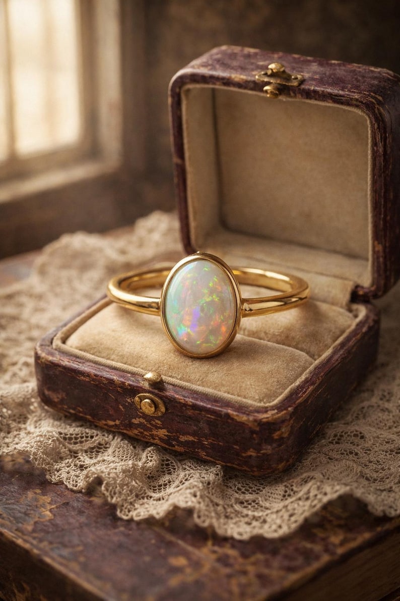 May include: A gold ring with an oval opal gemstone, displayed in a vintage brown jewelry box. The opal has iridescent colors. The ring is set on a beige velvet interior, with a lace doily in the background.