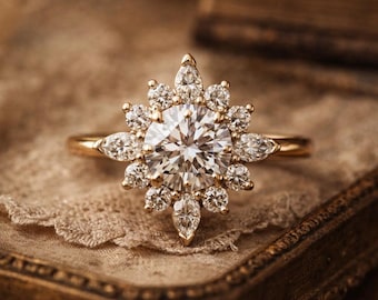 Moissanite Halo Ring, April Birthstone Gold Ring, Round Cluster Diamond Style Ring, Handmade Vintage Inspired Ring for Her