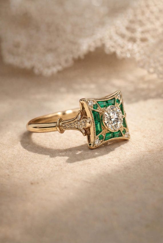 Art Deco Emerald & Moissanite Ring, May Birthstone, Vintage Geometric Engagement Ring, Square Halo, Antique Style Green Stone Ring