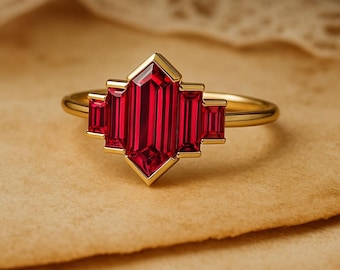 Red Art Deco Ring • Lab Ruby Engagement Ring • Geometric Vintage Gold Ring • Unique Statement Ring • Handmade Jewelry • Customizable