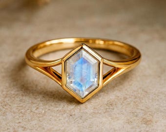 Hexagon Moonstone Ring, Bezel Set Moonstone Engagement Ring, Minimalist Gold Ring, June Birthstone Ring, Unique Geometric Moonstone Ring