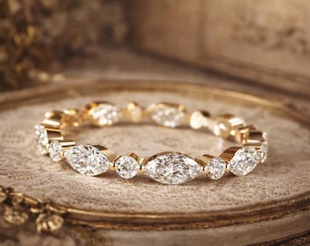 Single Prong Moissanite Wedding Band in Solid Gold, Marquise & Round Moissanite Bridal Band, Half Eternity Single Prong Band, Birthday Gifts