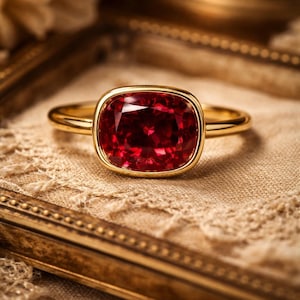 Puede incluir: Un anillo de oro con una gran gema roja oscura con talla cojín. El anillo está engastado en un bisel de oro y descansa sobre una superficie beige texturizada. El anillo se exhibe en un marco dorado, creando una estética lujosa.