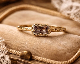 Anel de Quartzo Fumê, Anel de Noivado Vintage de Quartzo Fumê, Anel com Pedra Marrom Lapidada em Esmeralda, Anel Feito à Mão para Ela, Pedra de Nascimento de Novembro