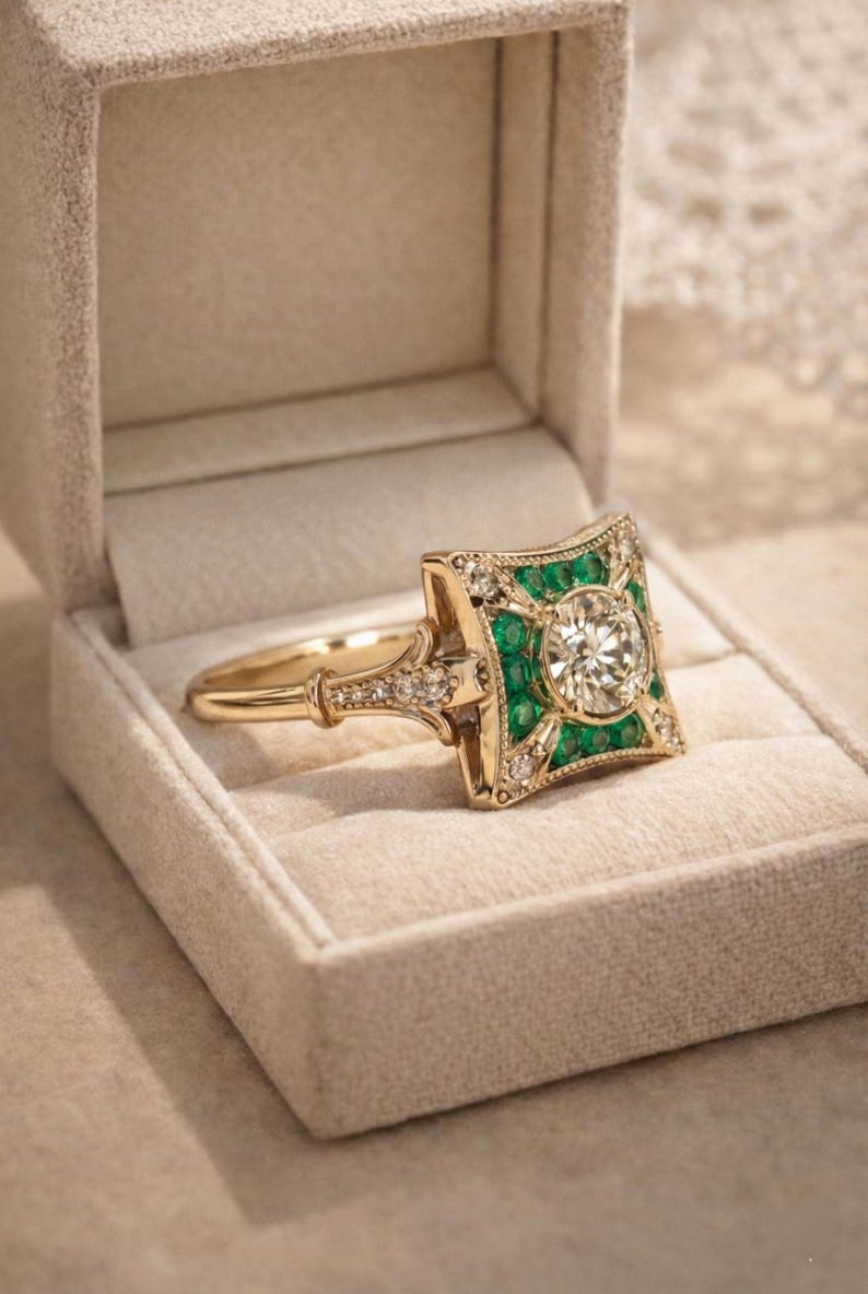 May include: A gold ring with a square emerald and diamond setting, displayed in a beige ring box. The ring features a central round diamond surrounded by emeralds and smaller diamonds. The band is also adorned with diamonds.