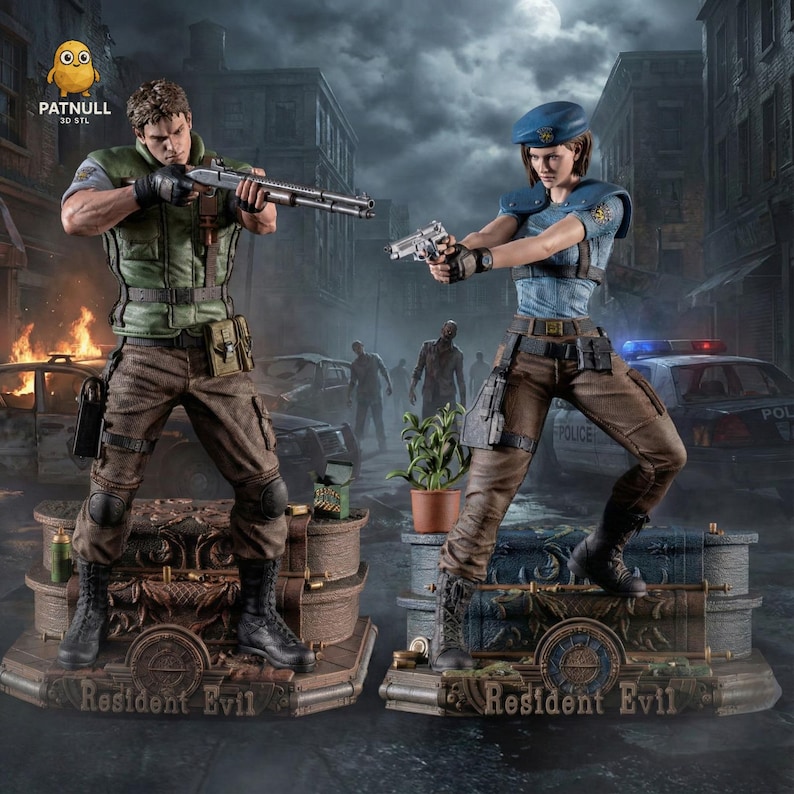 May include: Two detailed action figures from the Resident Evil series. One figure is holding a shotgun, the other a handgun. Both are in combat poses, set against a post-apocalyptic city backdrop with zombies and a police car. The figures stand on bases that read "Resident Evil."