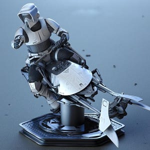 May include: A detailed figurine of a Star Wars Scout Trooper riding a speeder bike. The figure is predominantly white and black, with intricate detailing on the armor and vehicle. The base is a dark gray hexagonal shape.