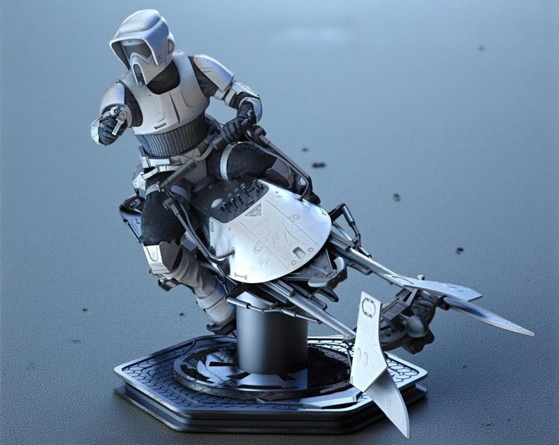 May include: A detailed figurine of a Star Wars Scout Trooper riding a speeder bike. The figure is predominantly white and black, with intricate detailing on the armor and vehicle. The base is a dark gray hexagonal shape.