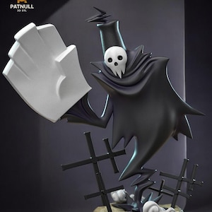 Op de afbeelding: Een zwart-wit beeldje van een Grim Reaper-achtig personage met een schedelgezicht en een grote witte hand. Het beeldje staat op een voetstuk met kleine zwarte kruisen en wolken. De tekst "PATNULL 3D STL" is zichtbaar.