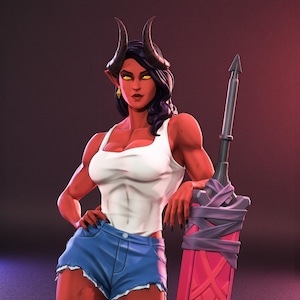 May include: A digital illustration of a red-skinned character with horns, wearing a white tank top and blue denim shorts. The character is leaning on a large pink and gray sword. The character has black hair and yellow eyes.