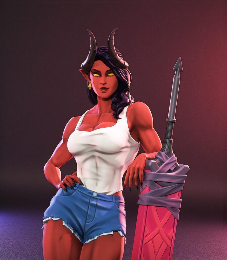 May include: A digital illustration of a red-skinned character with horns, wearing a white tank top and blue denim shorts. The character is leaning on a large pink and gray sword. The character has black hair and yellow eyes.