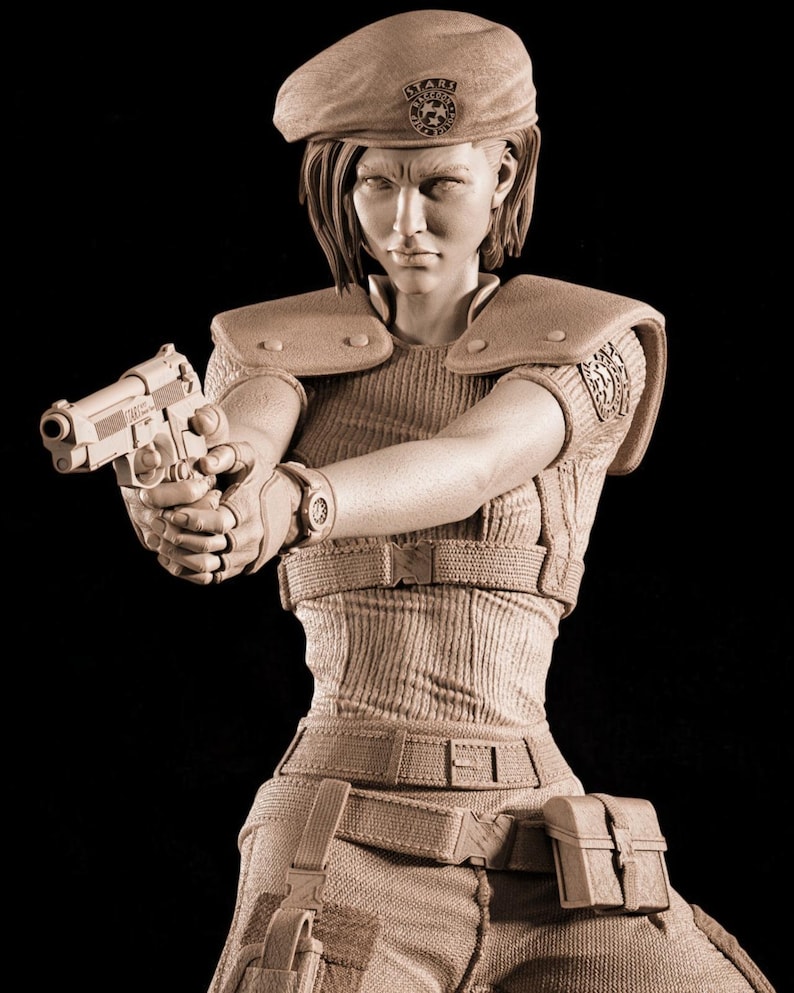 May include: A sepia-toned figurine of a woman in tactical gear, holding a handgun. She wears a beret with a badge, a ribbed top, and a utility belt. The figure has a determined expression, suggesting a military or action theme.