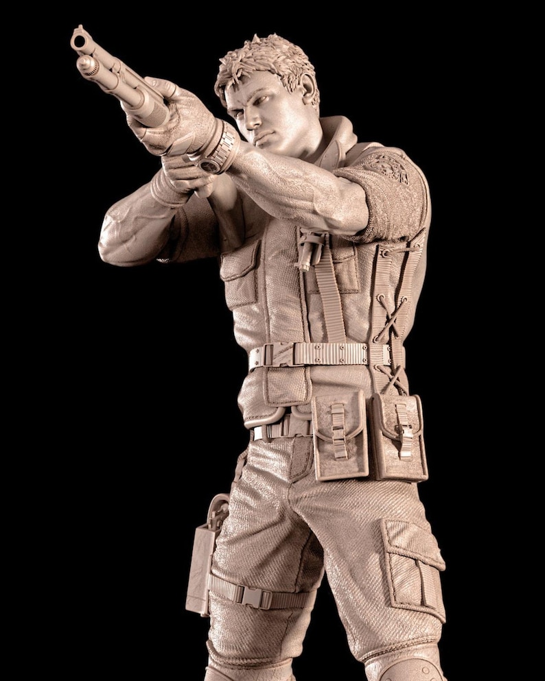May include: A detailed sculpture of a person aiming a shotgun. The figure is dressed in tactical gear, including a vest, pouches, and cargo trousers. The sculpture is a neutral colour against a black background.
