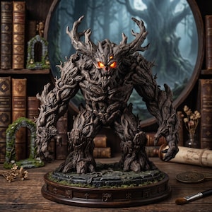 Op de afbeelding: Een donkerbruin, getextureerd boomachtig wezenfiguur met gloeiende oranje ogen en takachtig gewei. Het figuur staat op een ronde houten voet met uitgesneden symbolen, met een ruw, schorsachtig lichaam en grote, klauwachtige handen.