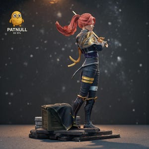 Puede incluir: Figura impresa en 3D de una guerrera con cabello rojo en una cola de caballo, sosteniendo una espada. Viste un atuendo negro y dorado con botas altas hasta la rodilla. La figura est&aacute; sobre una base de madera con un peque&ntilde;o cofre. El logo "PATNULL 3D STL" es visible.