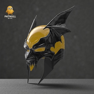May include: A black and yellow helmet with a stylized design, featuring pointed ears and a sharp, angular face. The helmet has a glossy finish and is likely a costume piece or collectible item. The logo "PATNULL 3D STL" is visible.