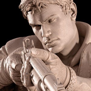 May include: A monochromatic sculpture of a person holding a firearm, with a focused expression. The figure is rendered in a beige tone, with detailed sculpting on the hair, clothing, and weapon. The background is black.
