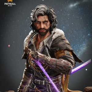 May include: A digital rendering of a character with long, wavy hair, a beard, and facial scars, holding two glowing purple swords. The character is dressed in dark armor with gold accents, set against a starry background. The image includes the text "PATNULL 3D STL".