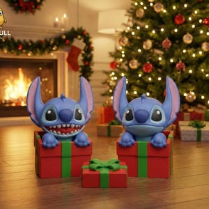 May include: Two blue character figures, resembling Stitch, pop out of red gift boxes with green ribbons. A smaller gift box with a green bow is in front. The scene is set in a festive room with a Christmas tree and fireplace.