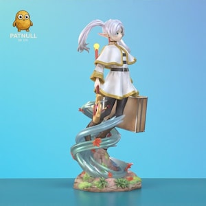 May include: A detailed figurine of a character with white hair, wearing a white and gold outfit, and carrying a suitcase. The figure stands on a stylized base with flowing water and autumn leaves. The Patnull 3D STL logo is in the upper left corner.